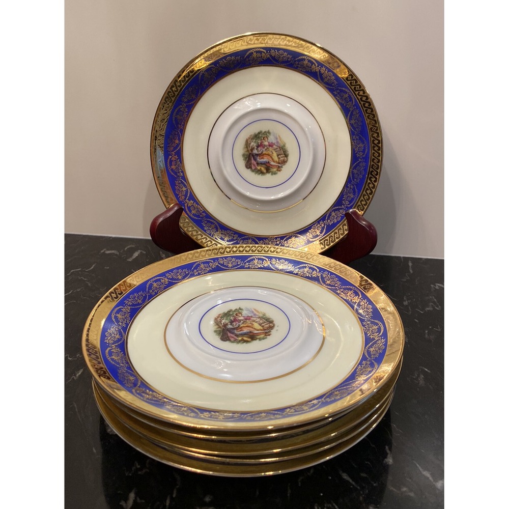 Antique Czech Bohemia China 24K Gold Encrusted  6 Saucers/Plates "Empire" 6.75"